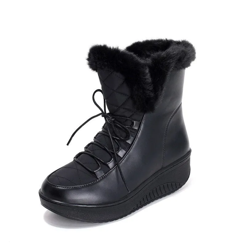 Waterproof Rain Shoe Snow Boots platform women winter shoes waterproof ankle boots lace up fur boots white black