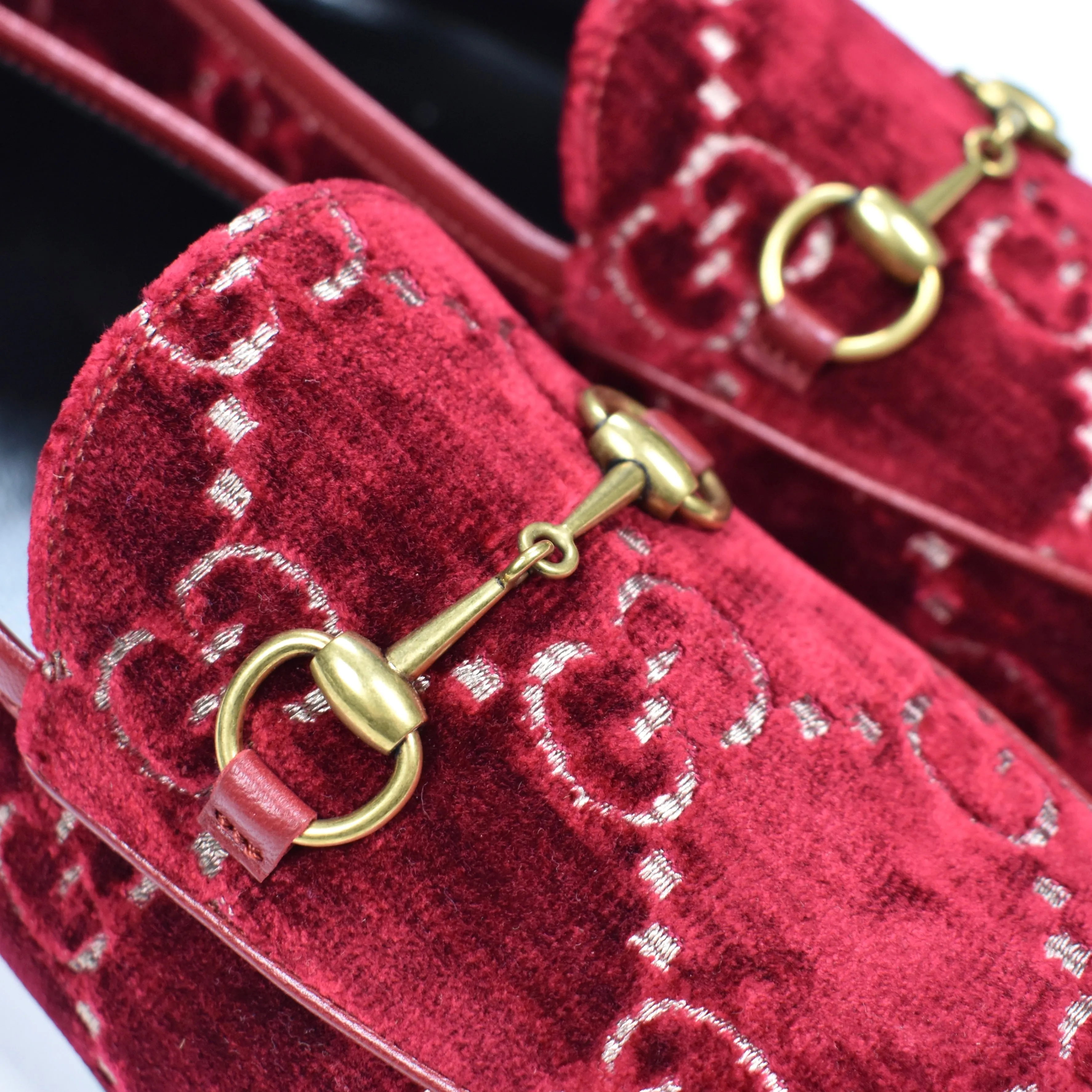Gucci - Red Velvet GG Monogram Horsebit Loafers Mulo Slippers