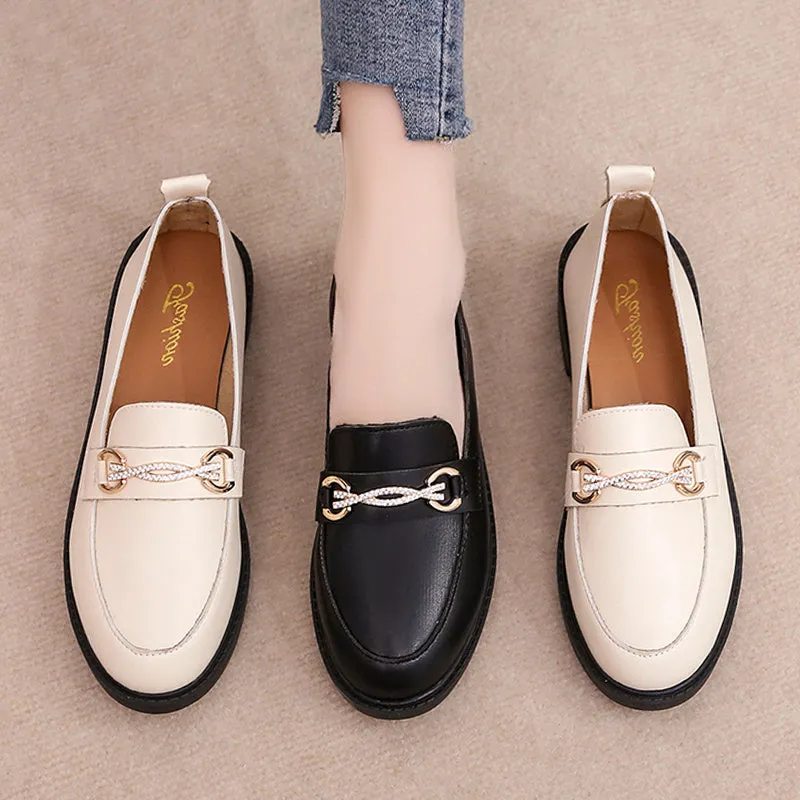 Versatile Shoes Women''s Shoes Lefu Shoes British Black Flat Bottom Diamond Shoes Going Out Flat Shoes