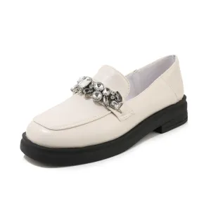 Mary Jane Flats Shoes Women's Square Toe Solid Color Rhinestone Chains Shallow Slip on Flats Shoes