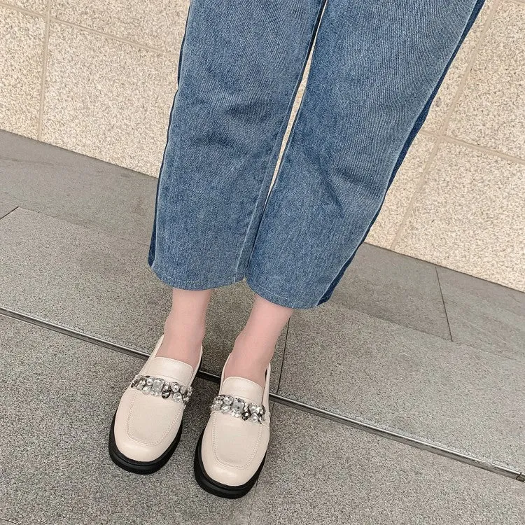 Women's Square Toe Solid Color Rhinestone Chains Shallow Slip on Flats Shoes High Fashion Flat Shoes