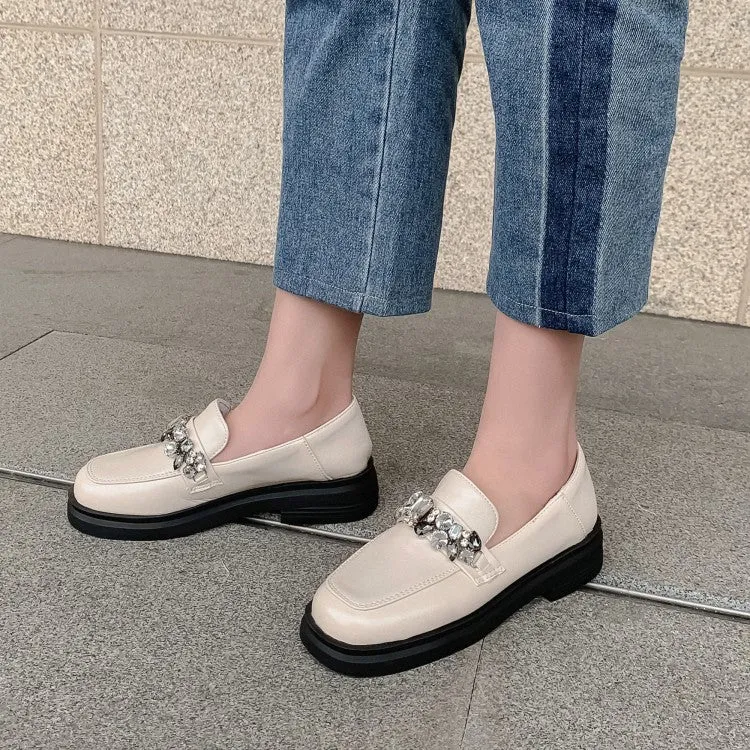 Open Flat Shoes Women's Square Toe Solid Color Rhinestone Chains Shallow Slip on Flats Shoes