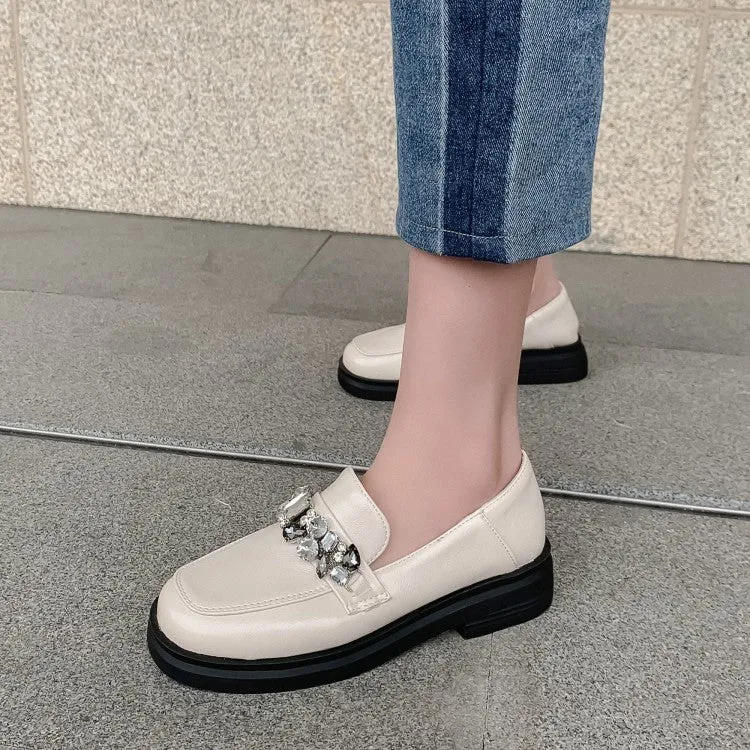 Shoes For Standing All Day Flat Feet Women's Square Toe Solid Color Rhinestone Chains Shallow Slip on Flats Shoes