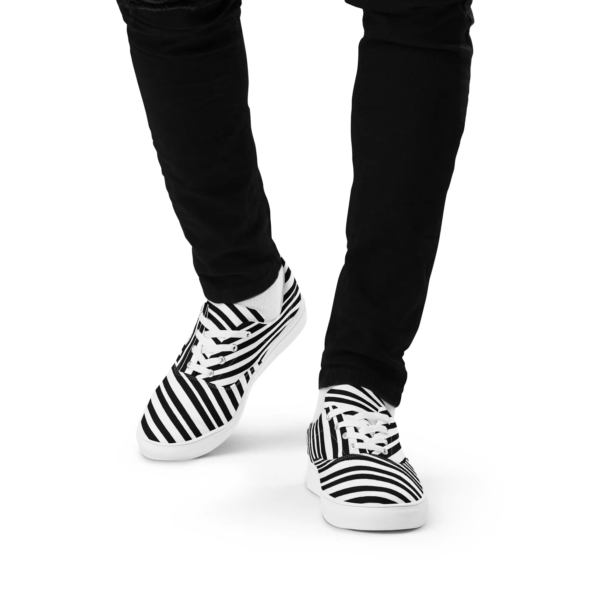 Striped Men's Low Top Sneakers, Black White Diagonal Stripes Best Designer Mens Lace-up Canvas Shoes (US Size: 5-13) Boots Easy