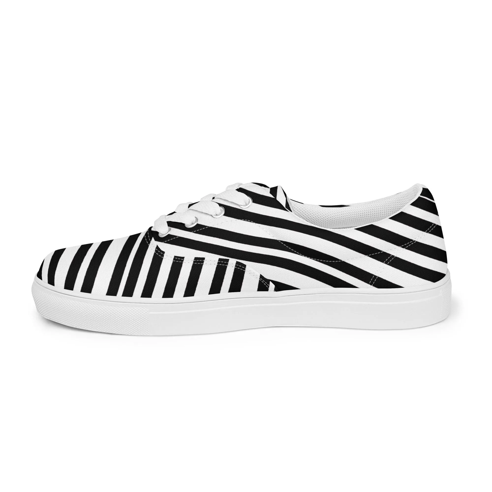 Boots Men Striped Men's Low Top Sneakers, Black White Diagonal Stripes Best Designer Mens Lace-up Canvas Shoes (US Size: 5-13)