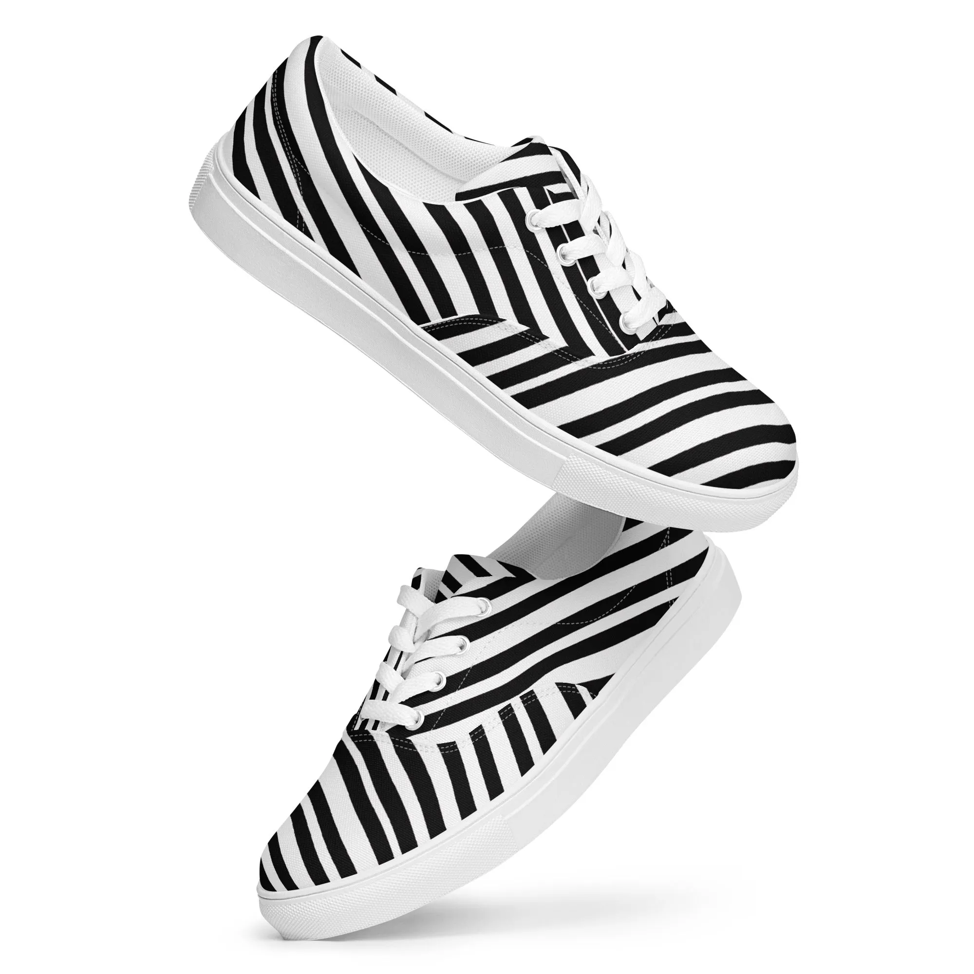 Striped Men's Low Top Sneakers, Black White Diagonal Stripes Best Designer Mens Lace-up Canvas Shoes (US Size: 5-13) Custom Fit Ski Boots
