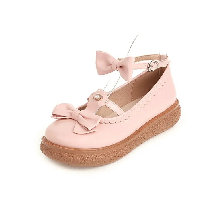 Casual Flat Loafers Shoes Women's Lolita Round Toe Ankle Strap Butterfly Knot Bowtie Flat Shoes