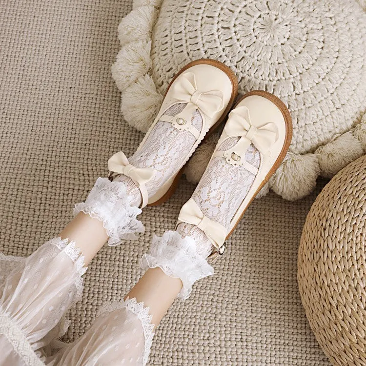 Women's Lolita Round Toe Ankle Strap Butterfly Knot Bowtie Flat Shoes Office Outfits With Flat Shoes