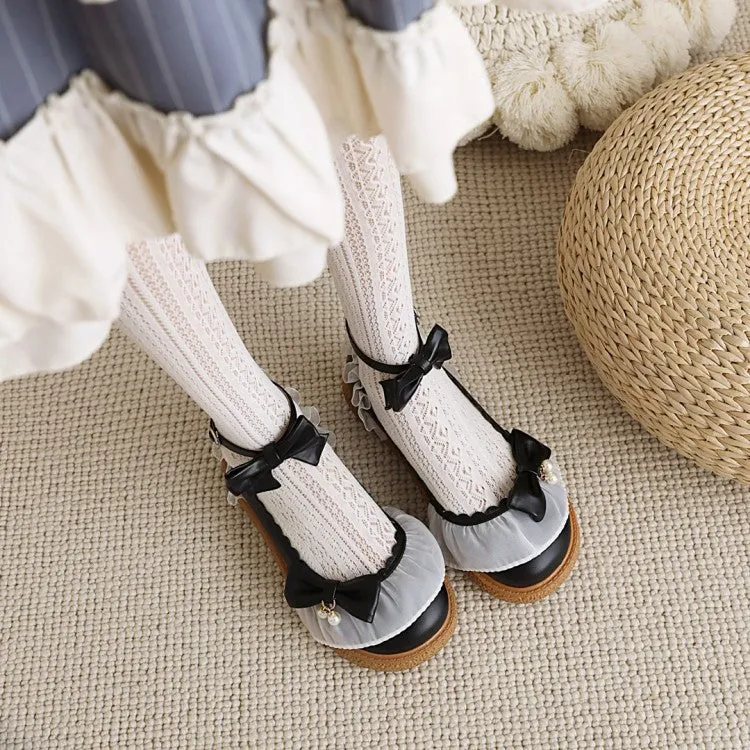 Women's Lolita Round Toe Lace Butterfly Knot Ankle Strap Flat Shoes Comfort Flat Dress Shoes