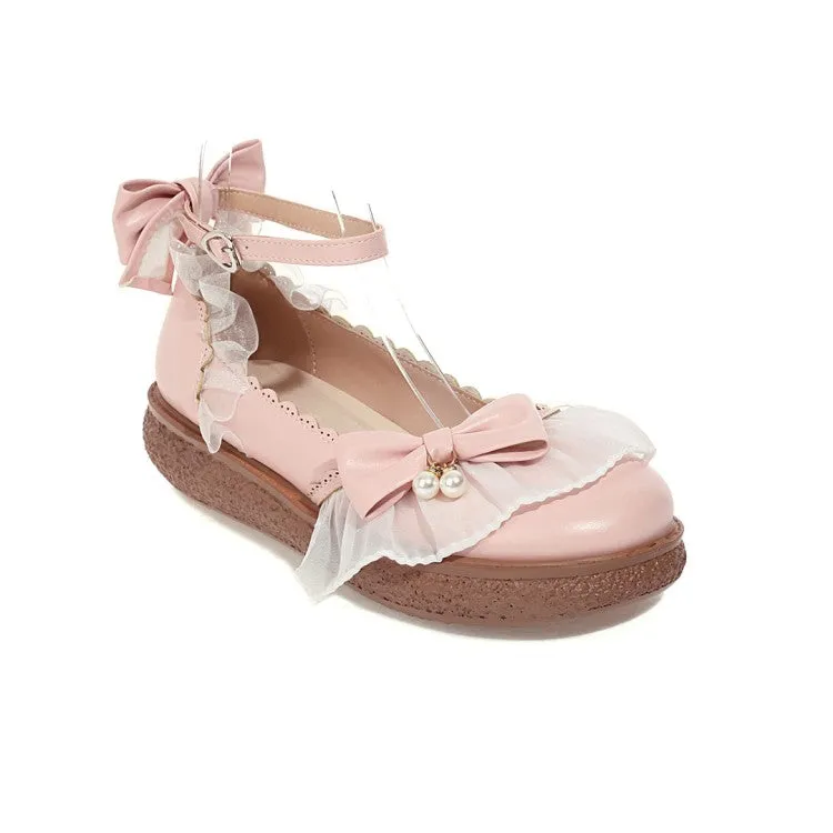 Chloe Flat Shoes Women's Lolita Round Toe Lace Butterfly Knot Ankle Strap Flat Shoes