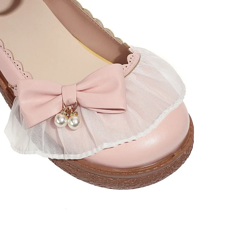 Women's Lolita Round Toe Lace Butterfly Knot Ankle Strap Flat Shoes Open Toe Flats Shoes