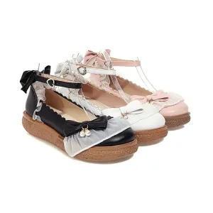 Women's Lolita Round Toe Lace Butterfly Knot Ankle Strap Flat Shoes Heeled Shoes That Turn Into Flats