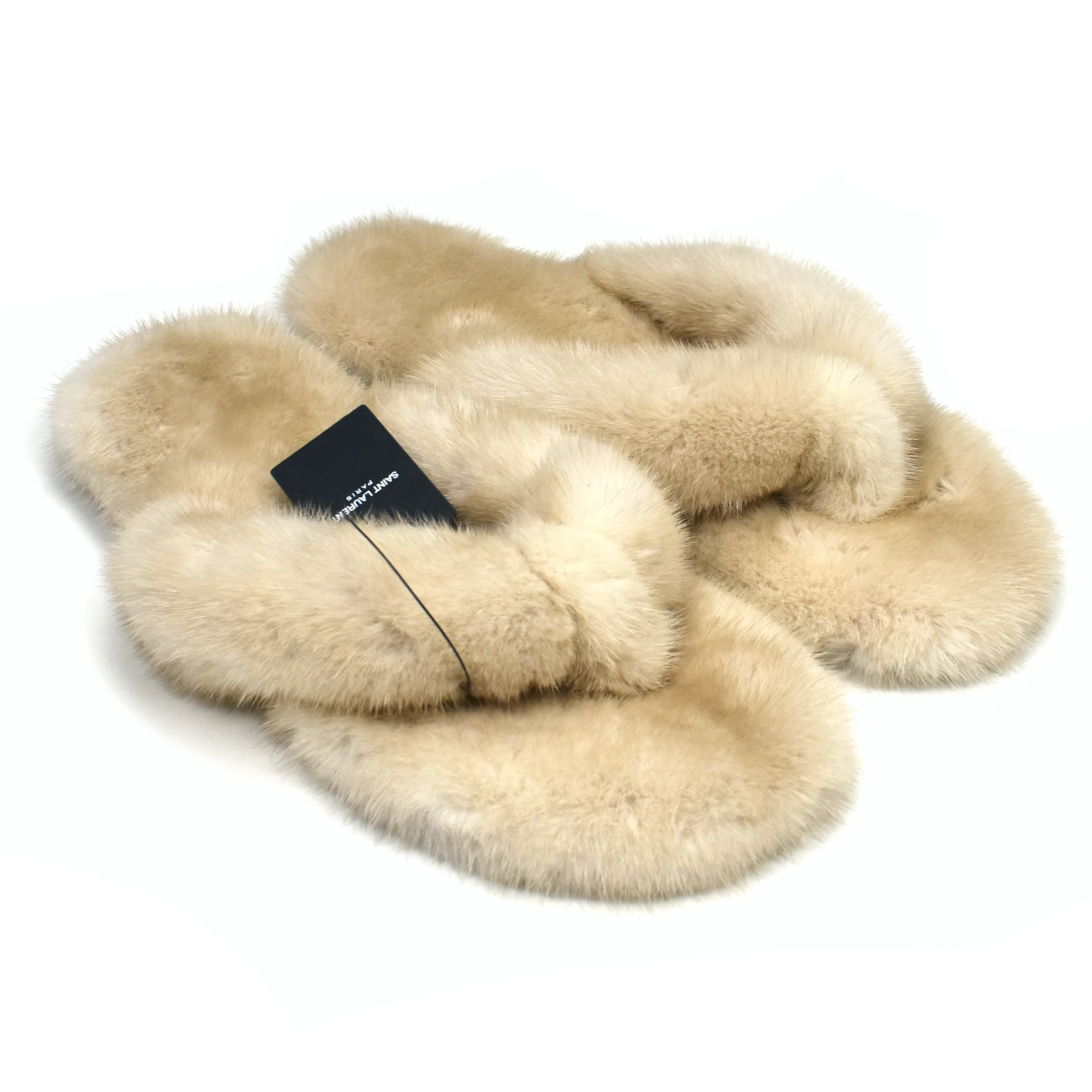 Knitting Patterns Slippers Saint Laurent - Beige Genuine Fur Pepe Flip Flops