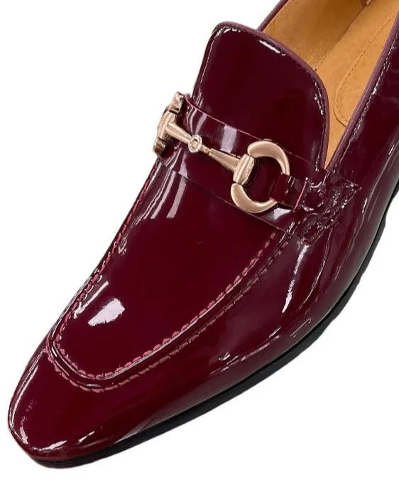 Carrucci Burgundy Patent Leather Men's Slip-On Dress Shoes Gold Buckle Metal Toe Boots