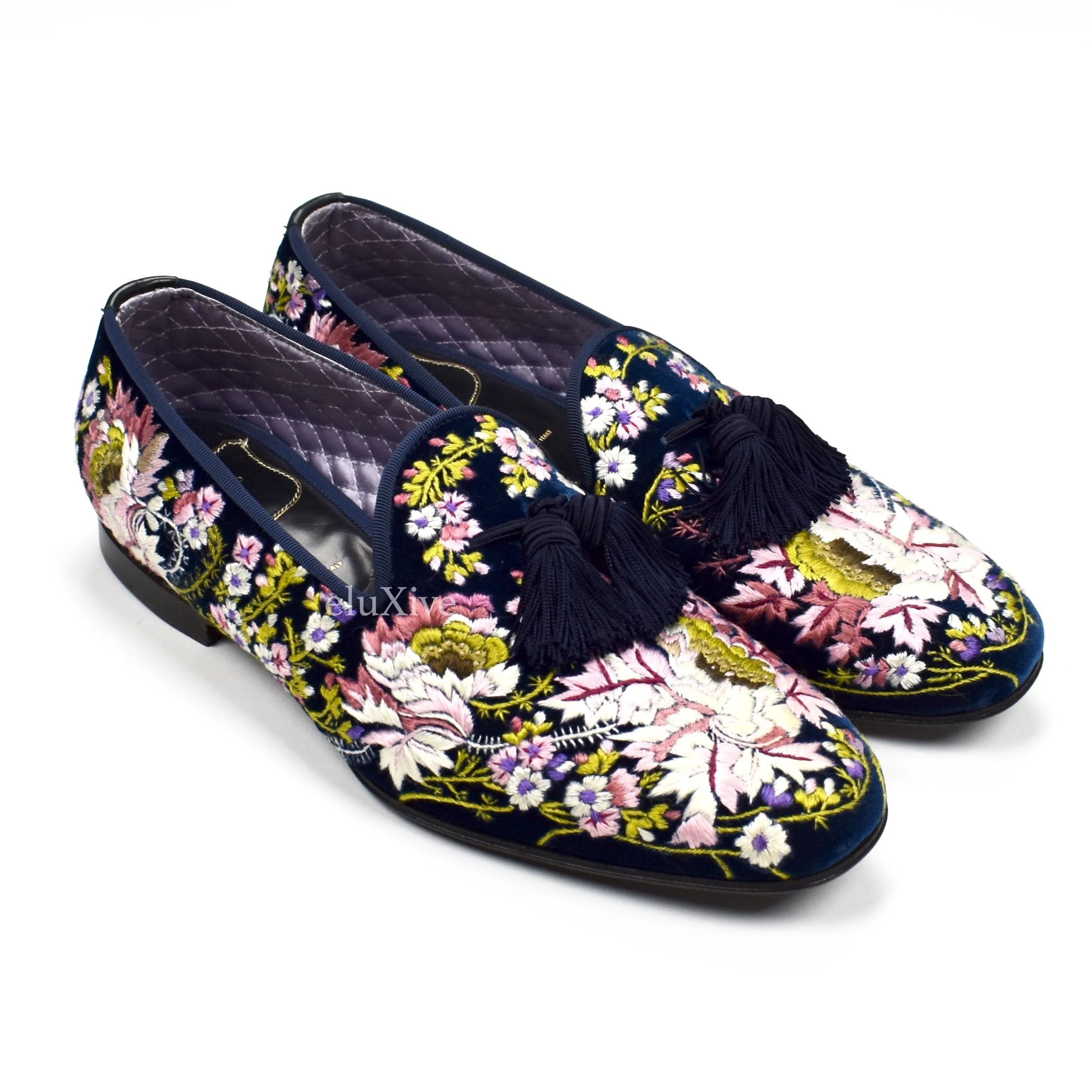 Tom Ford - Hand Embroidered Floral Velvet Loafers Sherpa Slippers