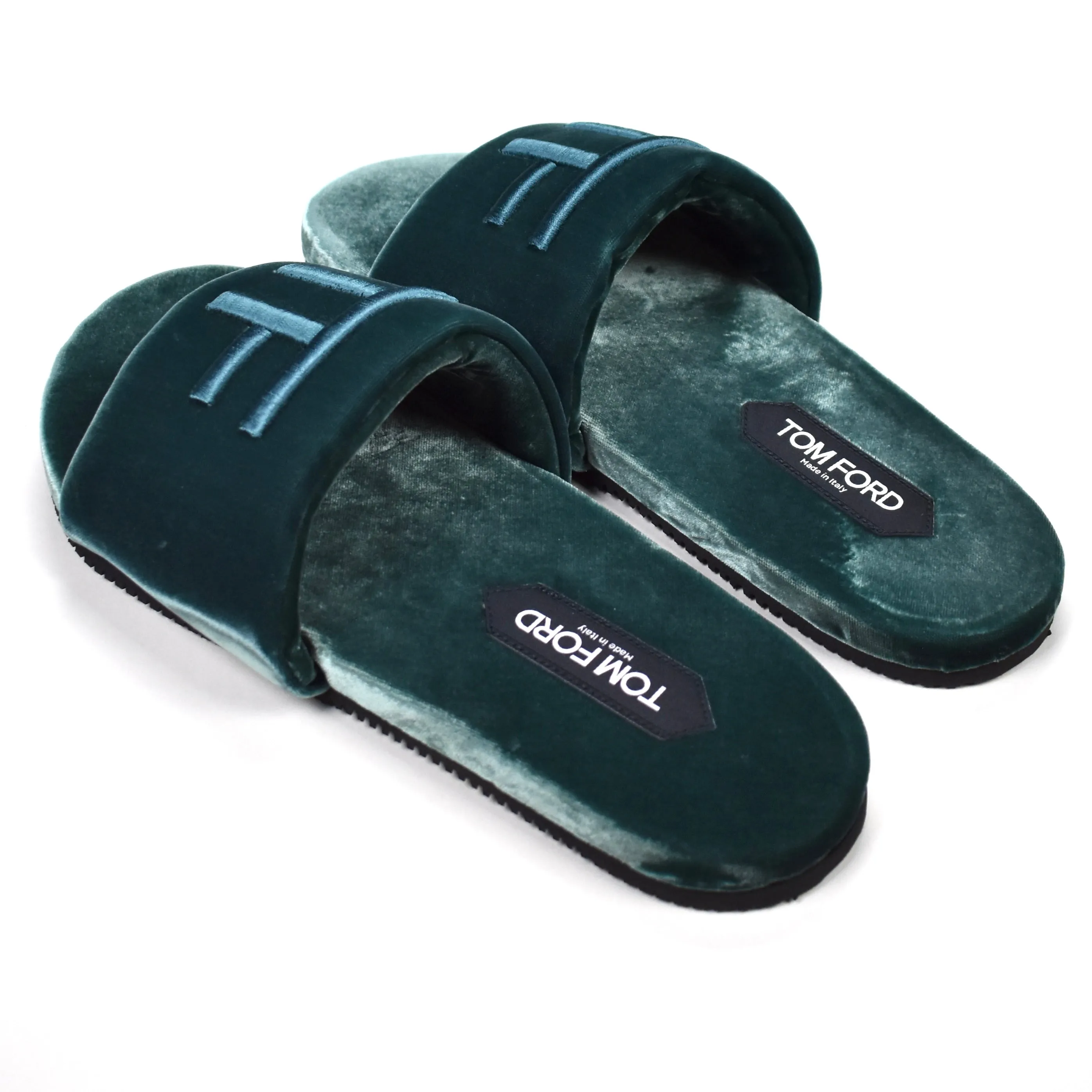Tom Ford - Teal Velvet TF Logo Slippers Trump Slippers
