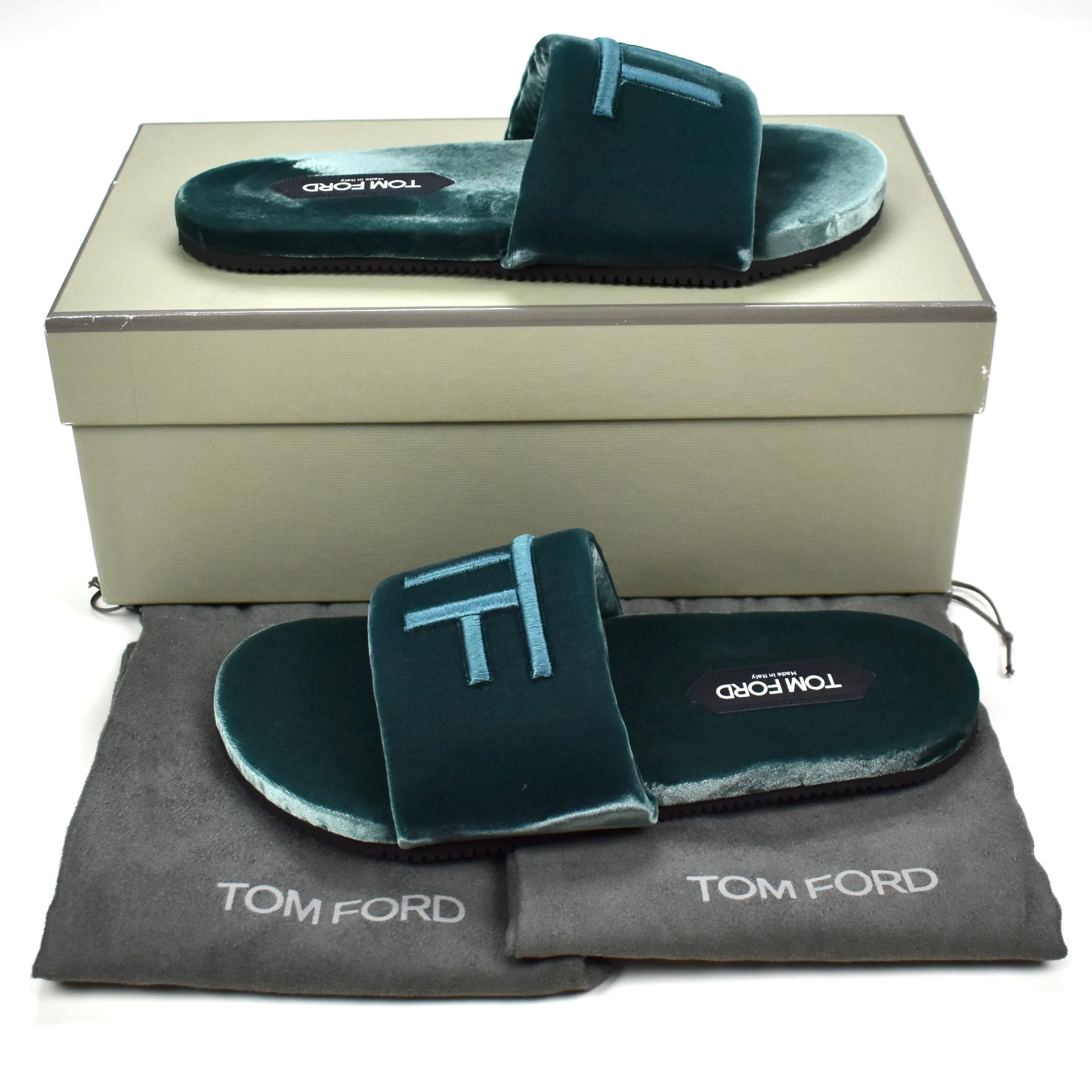 Barefoot Winter Slippers Tom Ford - Teal Velvet TF Logo Slippers