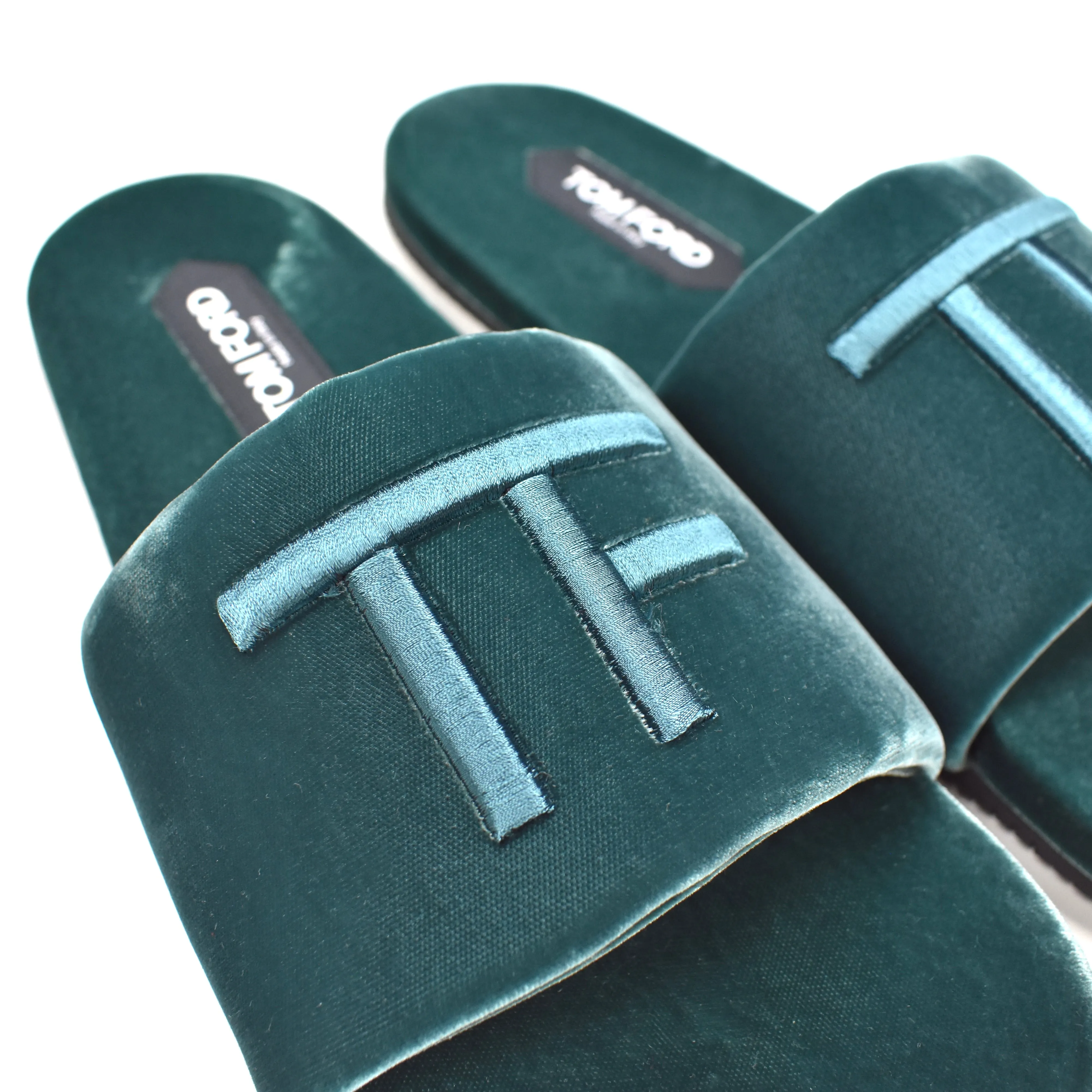 Tom Ford - Teal Velvet TF Logo Slippers Birkenstock Slippers