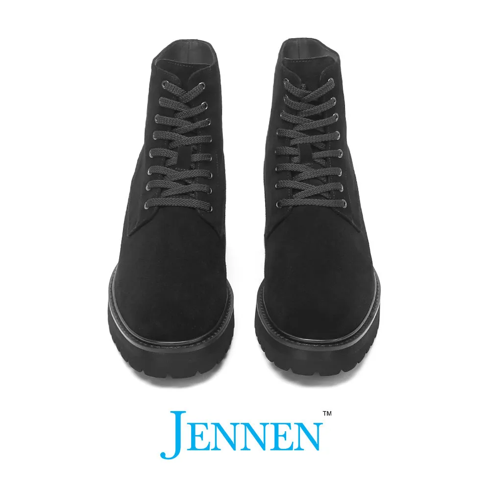 Flat Knee Length Boots Mr. Moses 11cm | 4.33 inches Tallest Black Suede Elevator Boots