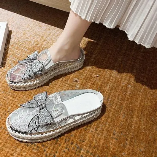 Crystals Round Toe Leather Flats Shoes Women Silver Bling Loafers Couple Platform Shoes Woman Flat With Students Size 43 Down Padded Waterproof Warm Casual Shoes