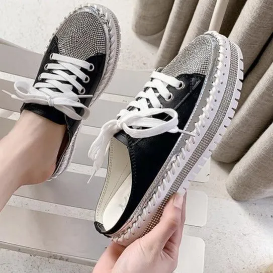 Crystals Round Toe Leather Flats Shoes Women Silver Bling Loafers Couple Platform Shoes Woman Flat With Students Size 43 Clarks Shoes