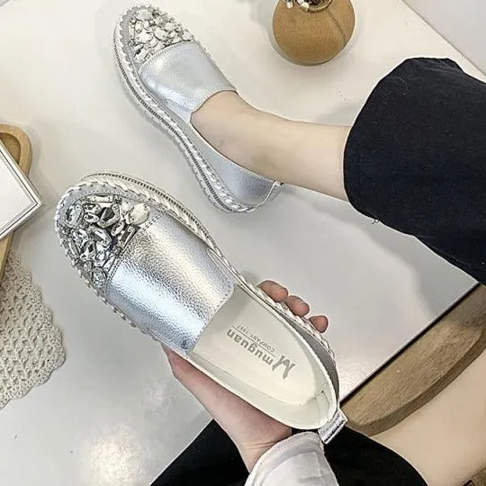 Business Casual Spring Shoes Crystals Round Toe Leather Flats Shoes Women Silver Bling Loafers Couple Platform Shoes Woman Flat With Students Size 43