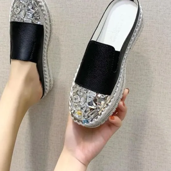 Country Club Casuals Golf Shoes Crystals Round Toe Leather Flats Shoes Women Silver Bling Loafers Couple Platform Shoes Woman Flat With Students Size 43