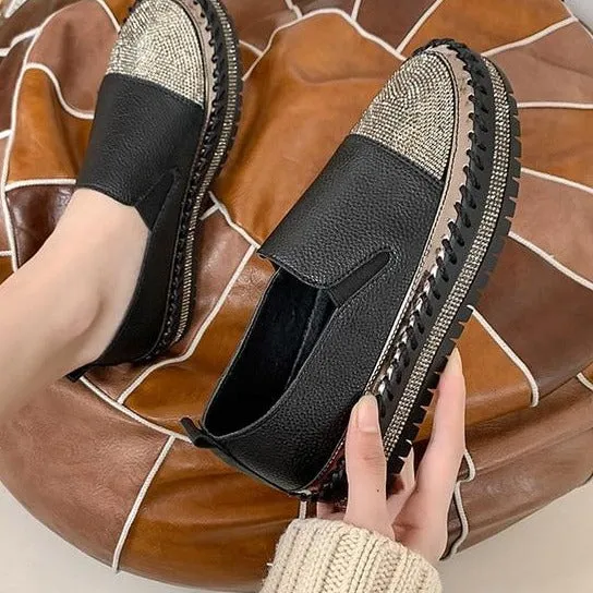 Crystals Round Toe Leather Flats Shoes Women Silver Bling Loafers Couple Platform Shoes Woman Flat With Students Size 43 Casual Shoes That Aren't Sneakers