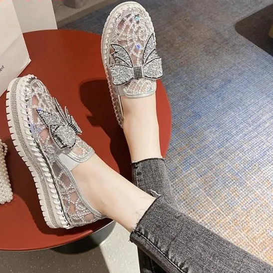 Crystals Round Toe Leather Flats Shoes Women Silver Bling Loafers Couple Platform Shoes Woman Flat With Students Size 43 Orthofeet Casual Shoes