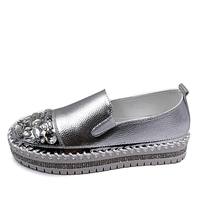 Trotter Casual Shoes Crystals Round Toe Leather Flats Shoes Women Silver Bling Loafers Couple Platform Shoes Woman Flat With Students Size 43
