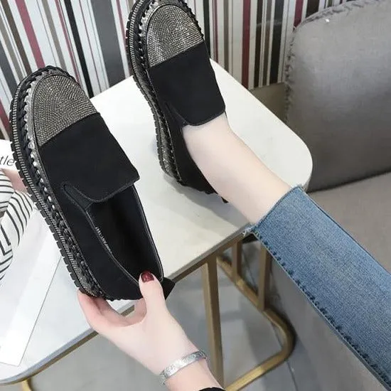 Crystals Round Toe Leather Flats Shoes Women Silver Bling Loafers Couple Platform Shoes Woman Flat With Students Size 43 Design Casual Shoes