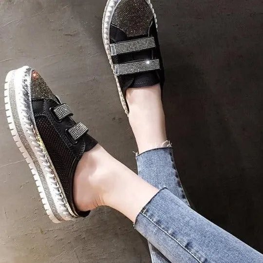 Best Casual Shoes To Wear With Shorts Crystals Round Toe Leather Flats Shoes Women Silver Bling Loafers Couple Platform Shoes Woman Flat With Students Size 43