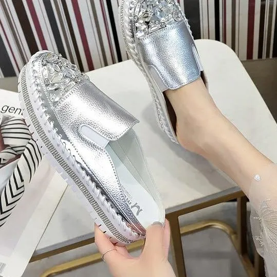Crystals Round Toe Leather Flats Shoes Women Silver Bling Loafers Couple Platform Shoes Woman Flat With Students Size 43 Best Shoe For Casual Wear