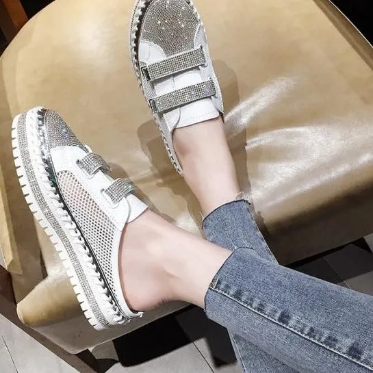 Casual Shoes Winter 2024 Crystals Round Toe Leather Flats Shoes Women Silver Bling Loafers Couple Platform Shoes Woman Flat With Students Size 43