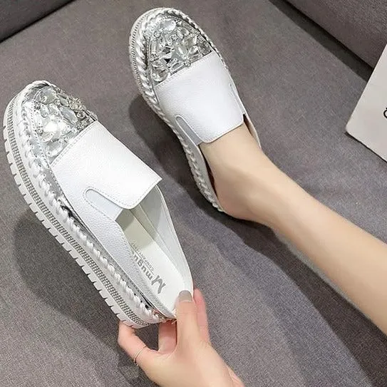Crystals Round Toe Leather Flats Shoes Women Silver Bling Loafers Couple Platform Shoes Woman Flat With Students Size 43 Hey Dude Wendy Slip-on Casual Shoe - Natural