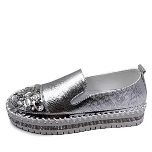 Crystals Round Toe Leather Flats Shoes Women Silver Bling Loafers Couple Platform Shoes Woman Flat With Students Size 43 Casual Shoes Matalan