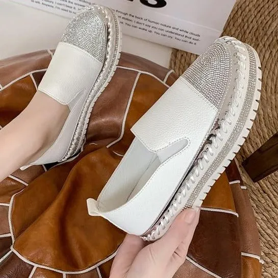 Crystals Round Toe Leather Flats Shoes Women Silver Bling Loafers Couple Platform Shoes Woman Flat With Students Size 43 Trendy Business Casual Shoes