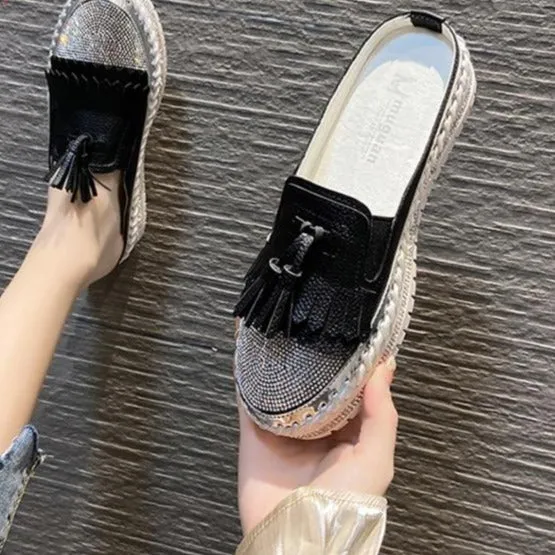 Crystals Round Toe Leather Flats Shoes Women Silver Bling Loafers Couple Platform Shoes Woman Flat With Students Size 43 Shoes Outfit Men Casual