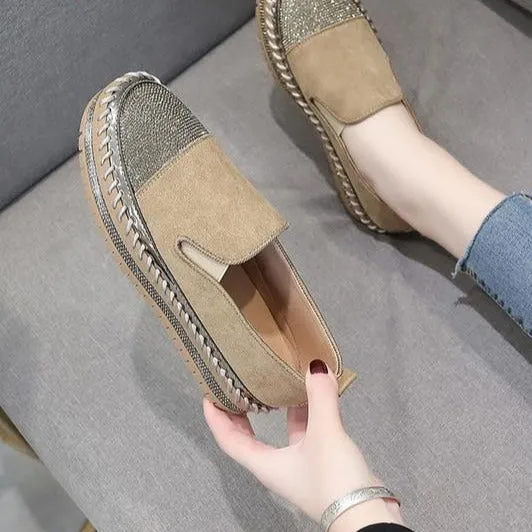 Best Comfy Casual Shoes Crystals Round Toe Leather Flats Shoes Women Silver Bling Loafers Couple Platform Shoes Woman Flat With Students Size 43