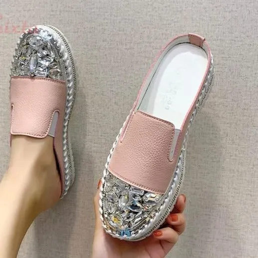 Crystals Round Toe Leather Flats Shoes Women Silver Bling Loafers Couple Platform Shoes Woman Flat With Students Size 43 Casual Shoes Brands