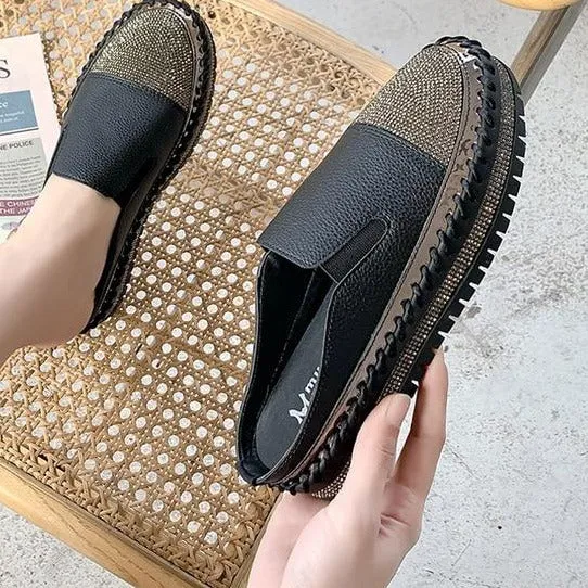 Casual Wide Width Shoes Crystals Round Toe Leather Flats Shoes Women Silver Bling Loafers Couple Platform Shoes Woman Flat With Students Size 43