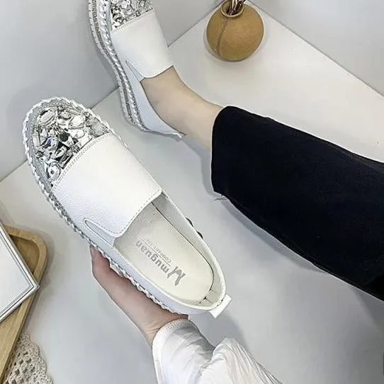Crystals Round Toe Leather Flats Shoes Women Silver Bling Loafers Couple Platform Shoes Woman Flat With Students Size 43 Blazer Low Le Casual Shoes