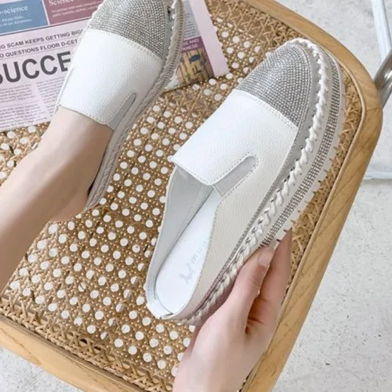 Crystals Round Toe Leather Flats Shoes Women Silver Bling Loafers Couple Platform Shoes Woman Flat With Students Size 43 Casual Dress Shoes Nearby