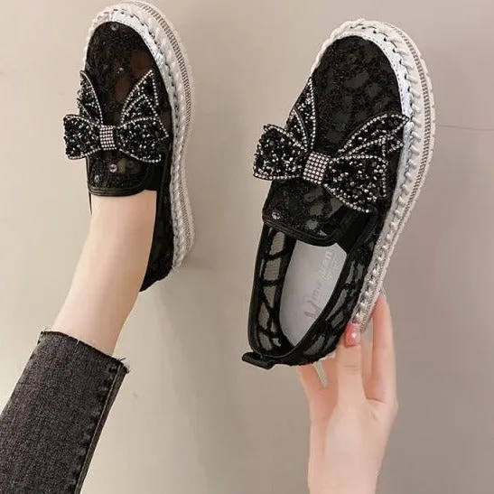 Lena Casual Slip On Shoe Crystals Round Toe Leather Flats Shoes Women Silver Bling Loafers Couple Platform Shoes Woman Flat With Students Size 43