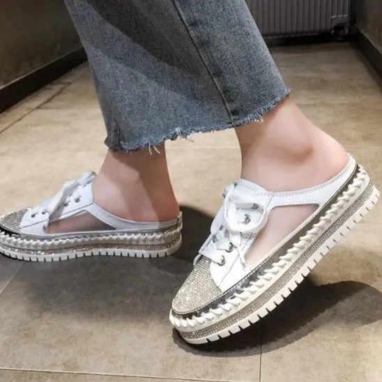 Crystals Round Toe Leather Flats Shoes Women Silver Bling Loafers Couple Platform Shoes Woman Flat With Students Size 43 Air Max Se Casual Shoes