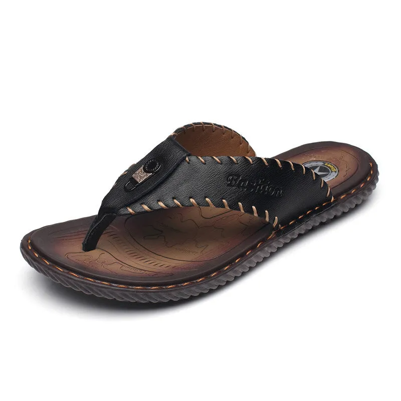 Leather Non-slip Slippers Men Outdoor Flip Flops Sandals Old Man Slippers