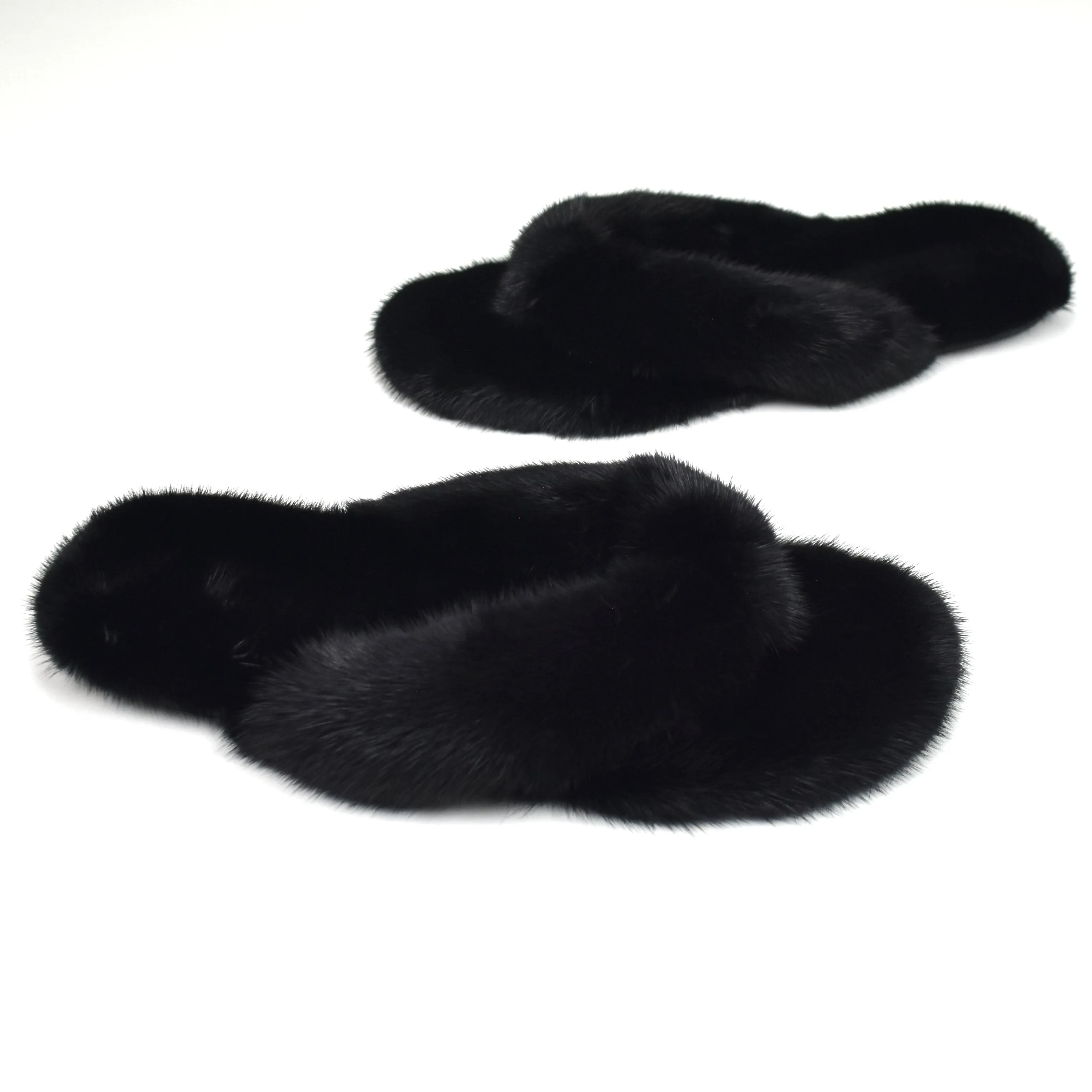 Saint Laurent - Black Genuine Fur Pepe Flip Flops Bulldog Slippers