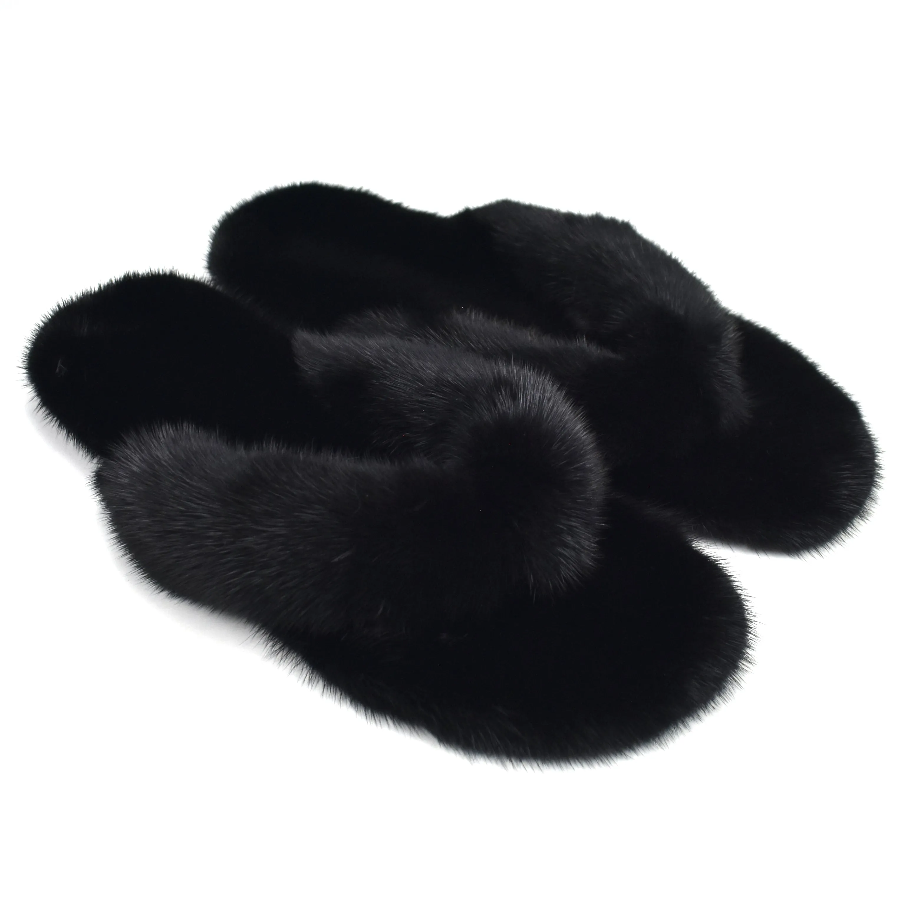 Saint Laurent - Black Genuine Fur Pepe Flip Flops Slippers With Rhinestones
