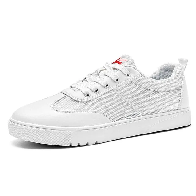 2018 Spring New Men Casual Shoes Breathable Wear Resistant Shoes Comfortable Summer White Round Toe Lace up Flat Snekaers Fitness Shoes Flat Feet