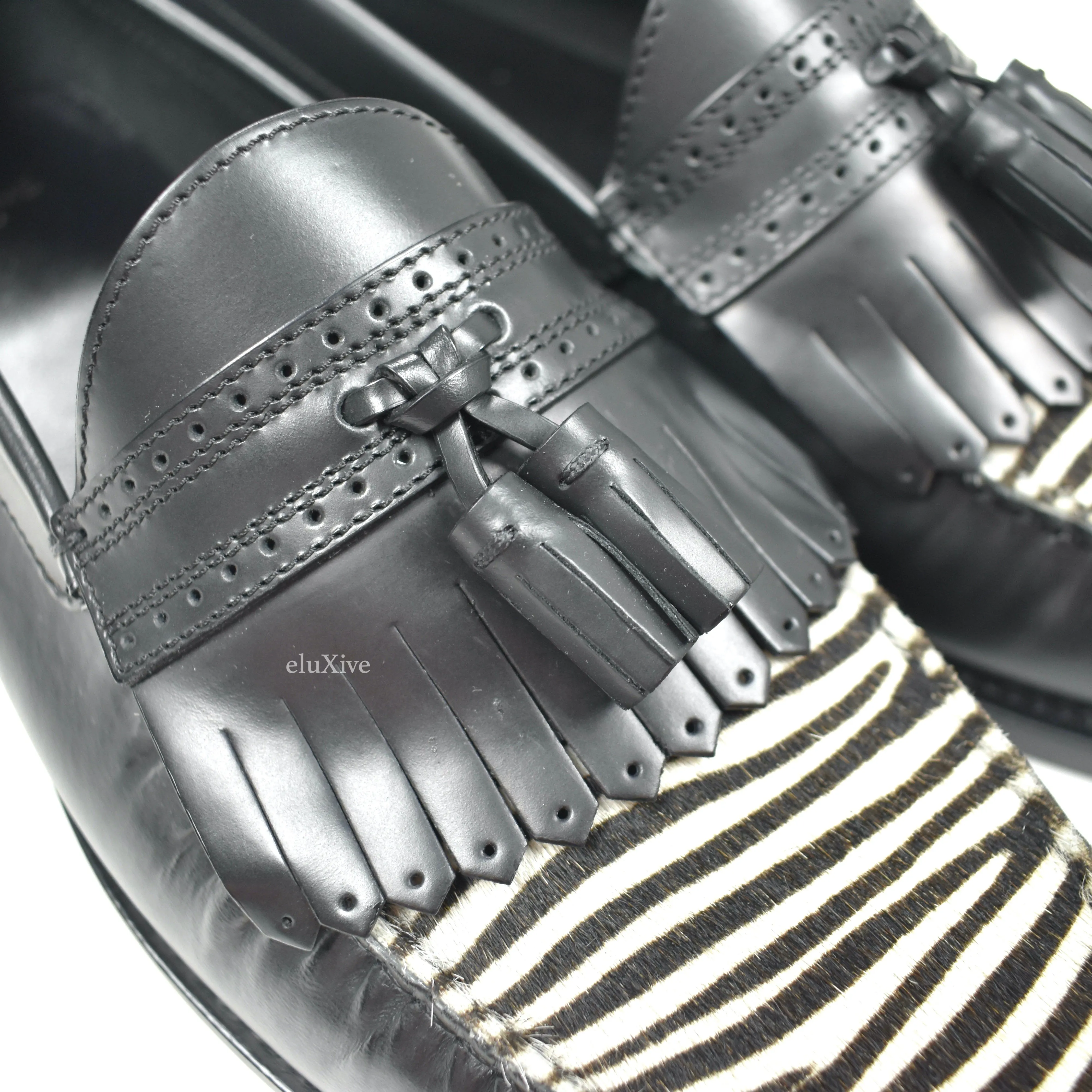 Non Skid Slippers For Seniors Celine - Black Leather Zebra Toe Tassel Loafers